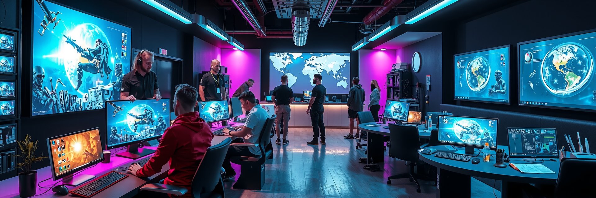 Futuristic game development team collaborating in a high-tech studio