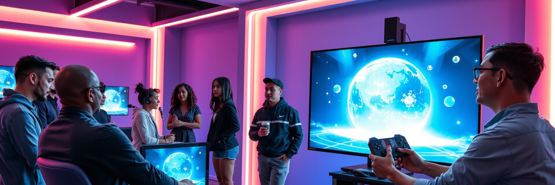 Futuristic press conference at GameQubi studio showcasing innovative PC games