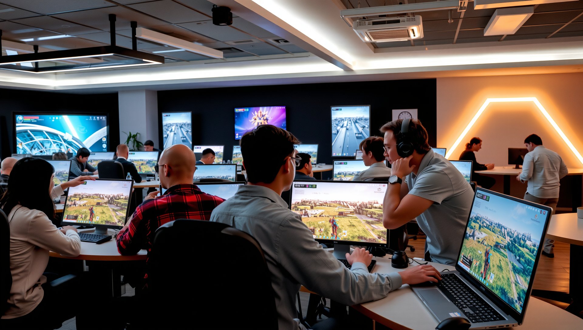 Dynamic view of GameQubi's modern studio office with team collaborating on immersive games